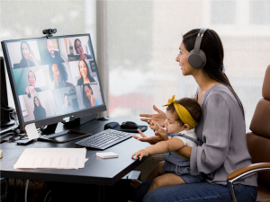 working mom with a kid in a virtual call